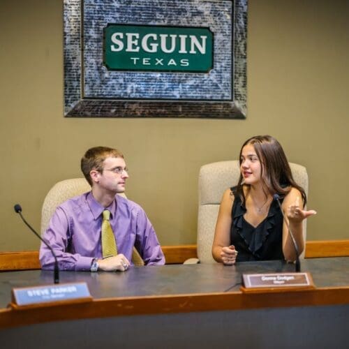 Dr. O'Brochta and student at Seguin City Hall