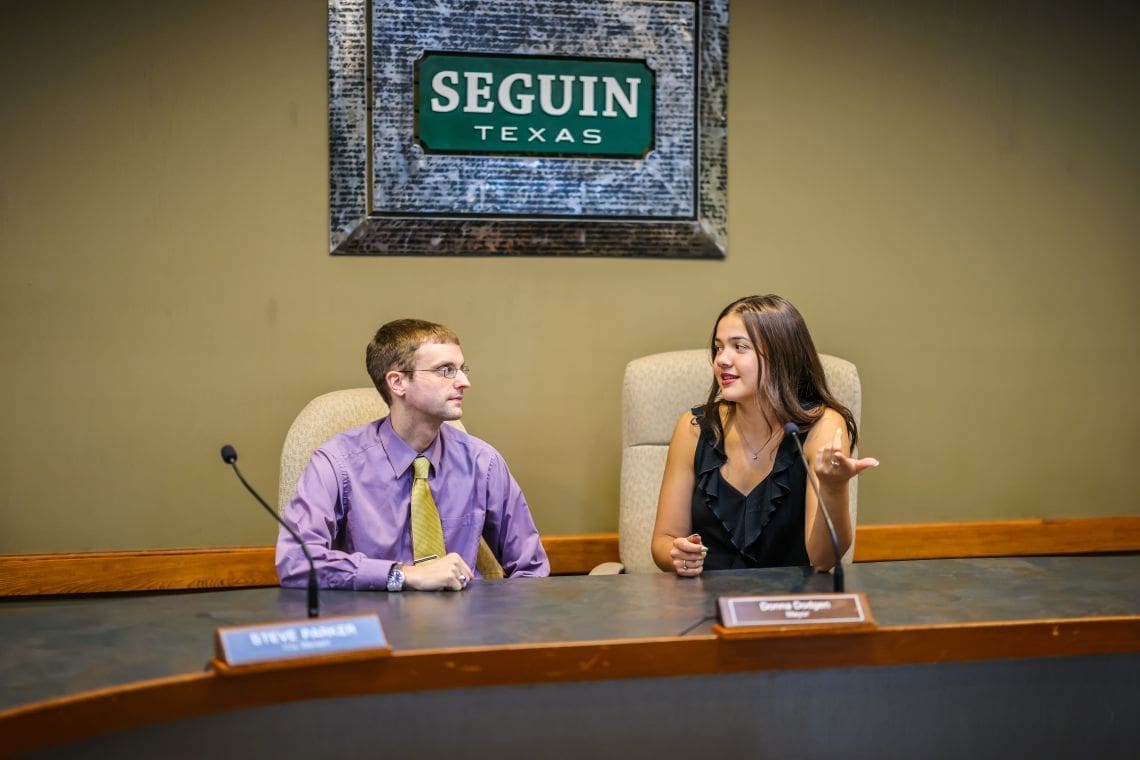 Dr. O'Brochta and student at Seguin City Hall