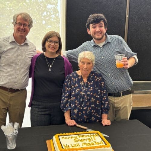 Blumberg Library Staff Mark Dibble, Amelia Koford, Sherry Moltz, and Nate Aubin