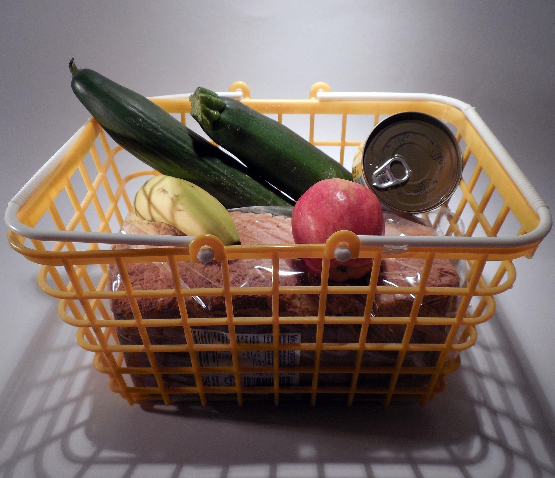 grocery basket with food stuffs