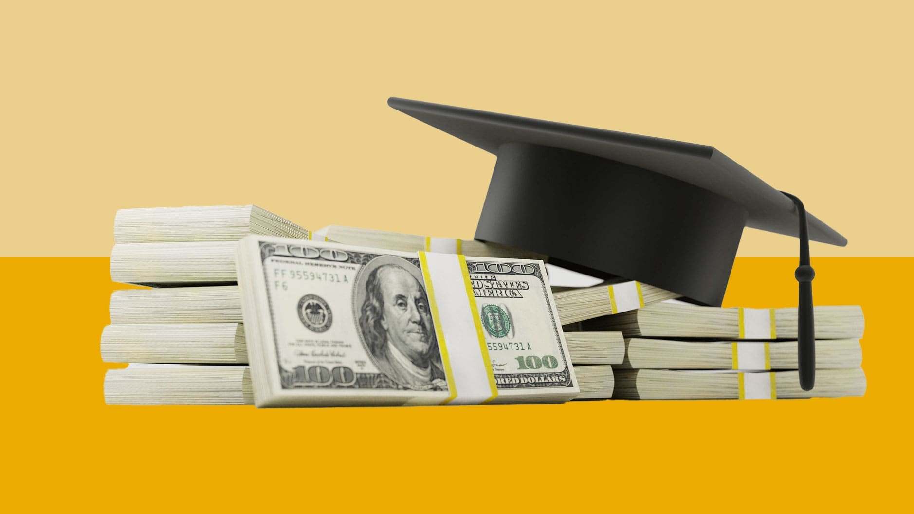 A mortar board atop piles of $100 bills