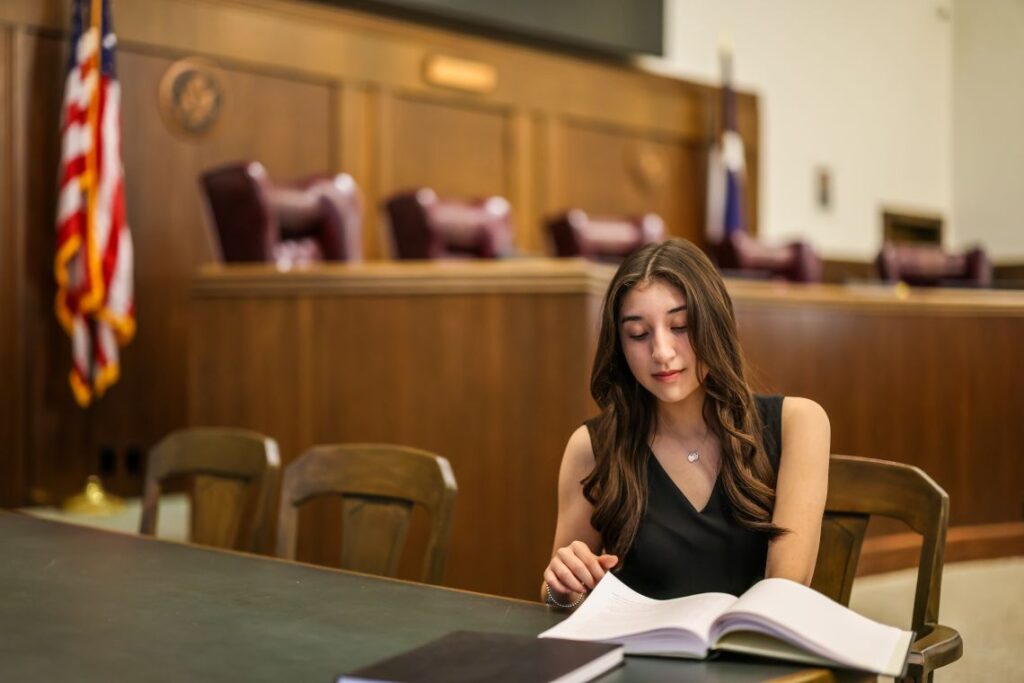 Student studying in courtroom