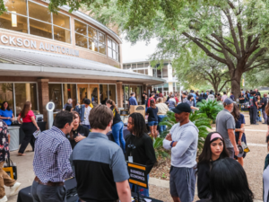 Group of students at the TLU Preview browsing fair