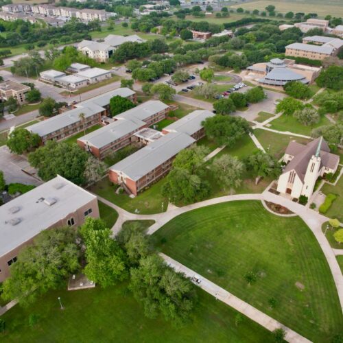 Aerial shot of campus including Trinity residence hall