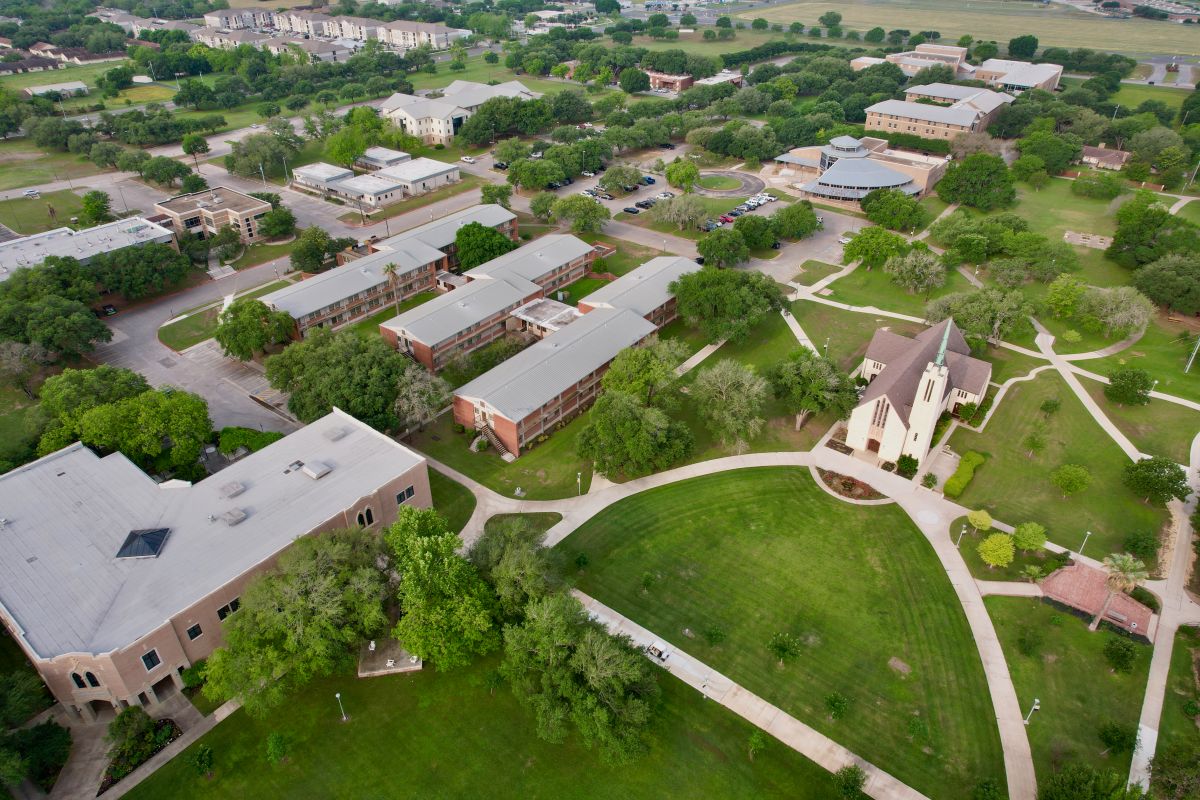 Aerial shot of campus including Trinity residence hall